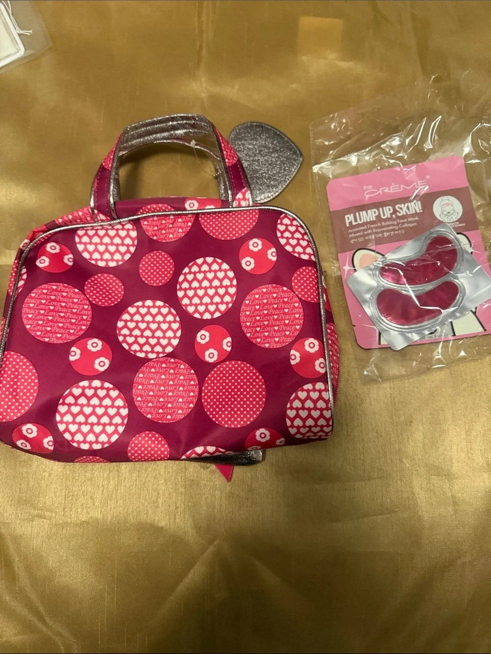Heart Print Pink Cosmetic Bag with Metallic Pouch and Ribbon
